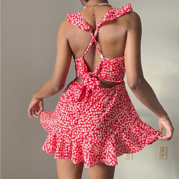 Red Ditsy Floral Romper with Open Back Detail - Picture 2 of 4